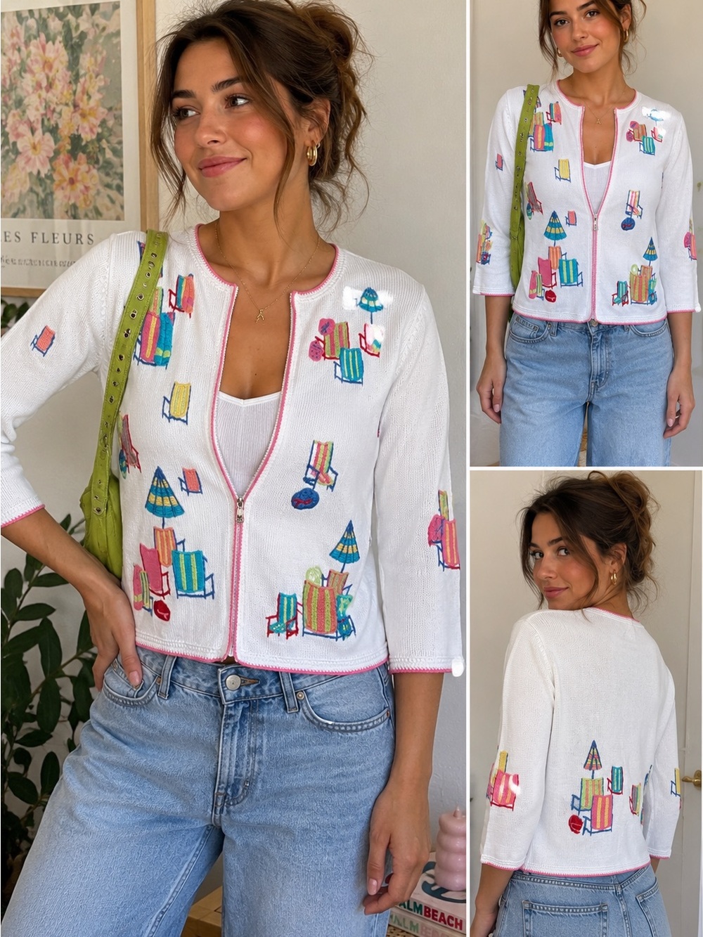 Vintage Talbots Petites Embroidered Beach Chair Cardigan SP 100% Cotton Coastal